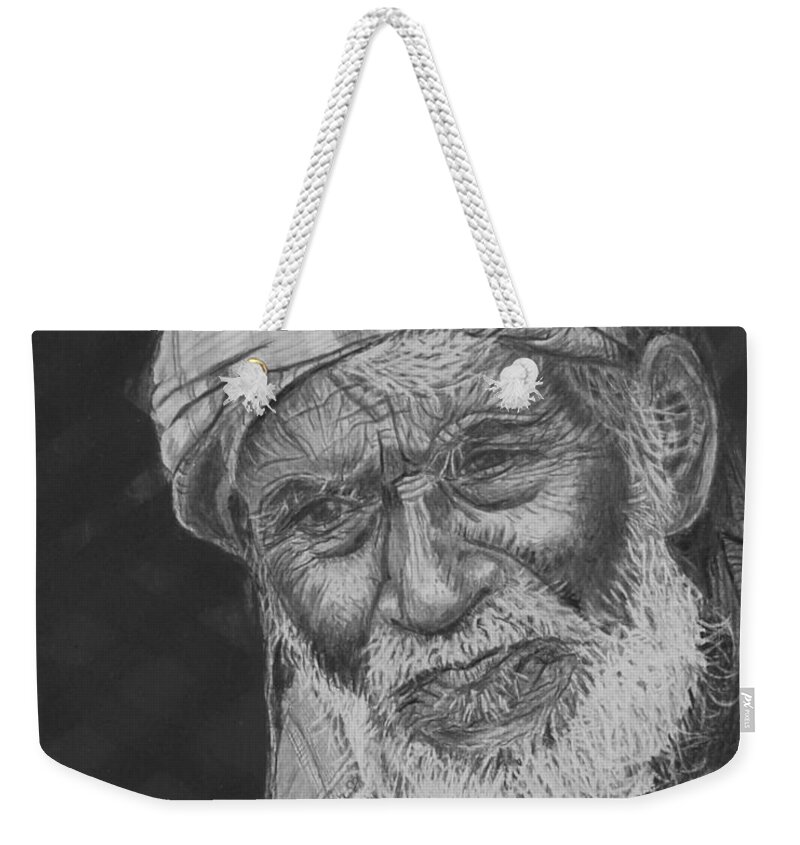 Old Man Weekender Tote Bag featuring the drawing A Fly on his Turban by Quwatha Valentine