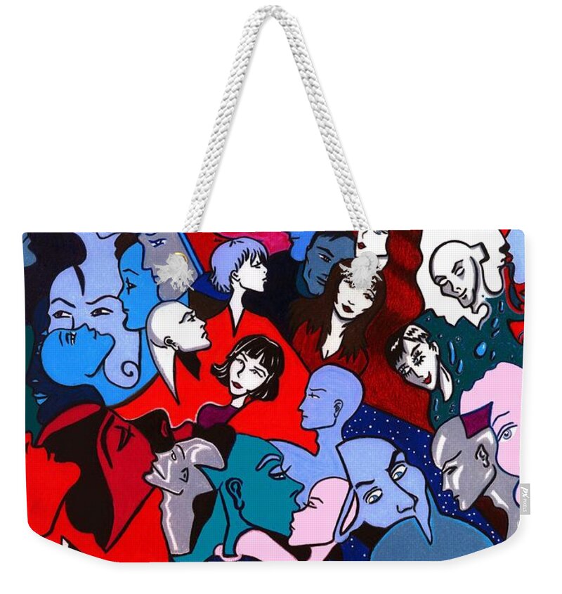 Faces Weekender Tote Bag featuring the drawing A Fragile Ecosystem of Dependency by Danielle R T Haney