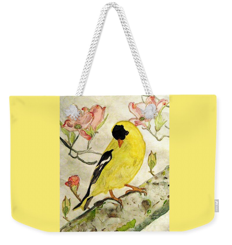 North American Goldfinch Weekender Tote Bag featuring the painting A Goldfinch Spring by Angela Davies