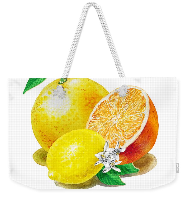 Grapefruit Weekender Tote Bag featuring the painting A Happy Citrus Bunch Grapefruit Lemon Orange by Irina Sztukowski