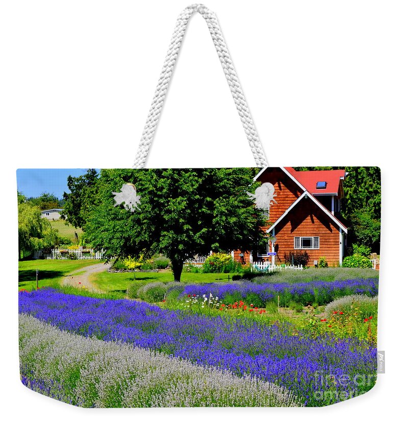 Lavender Fields Weekender Tote Bag featuring the photograph A Home Among the Lavender Fields by Mary Deal
