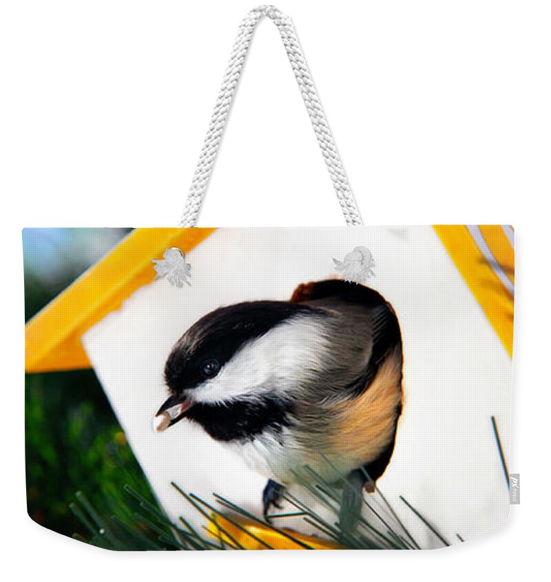Chickadee Weekender Tote Bag featuring the mixed media Chickadees Triptych by Christina Rollo