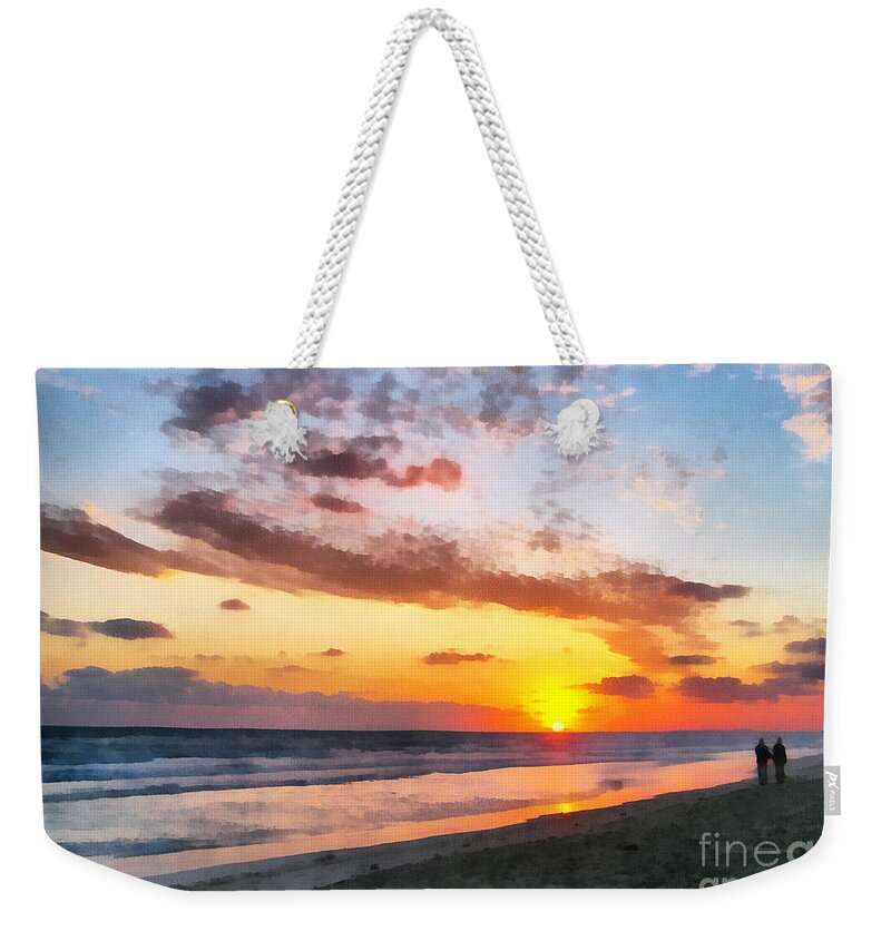  Beach Weekender Tote Bag featuring the painting A painting of the sunset at sea by Odon Czintos