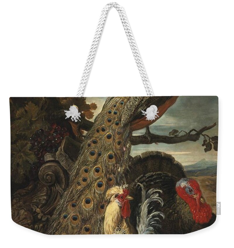 David De Coninck Circa 1644 - 1701 A Peacock Weekender Tote Bag featuring the painting A Peacock Turkey Rabbits And Cockerel In A Landscape by Celestial Images