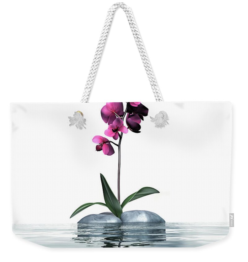 White Background Weekender Tote Bag featuring the photograph A Pink Orchid On A Rock In The Water by Artpartner-images