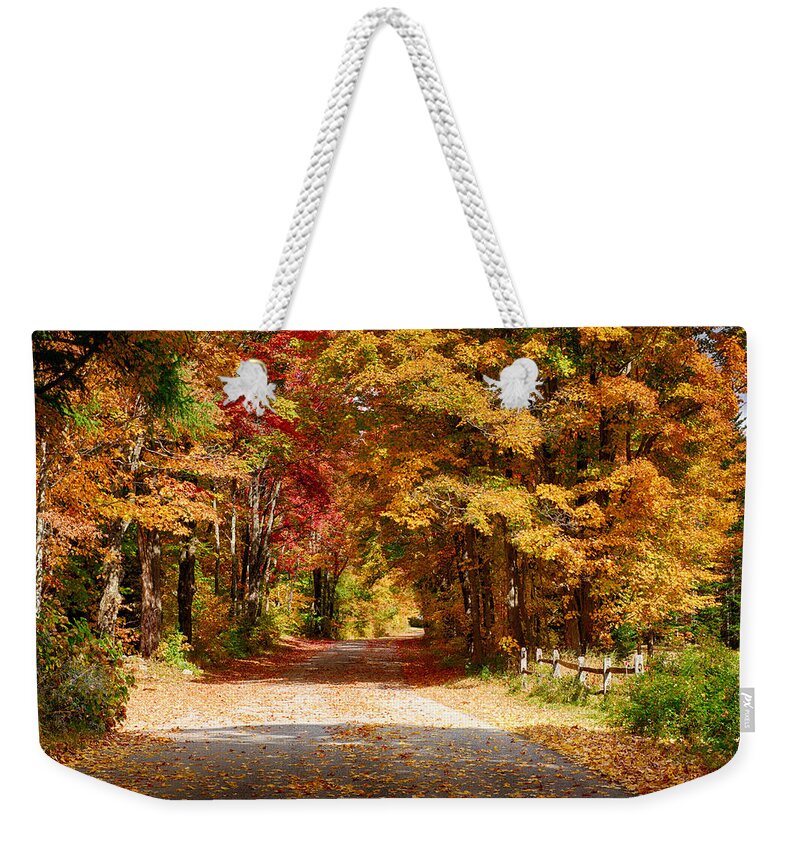 Vermont Fall Colors Weekender Tote Bag featuring the photograph A quiet back road stroll by Jeff Folger