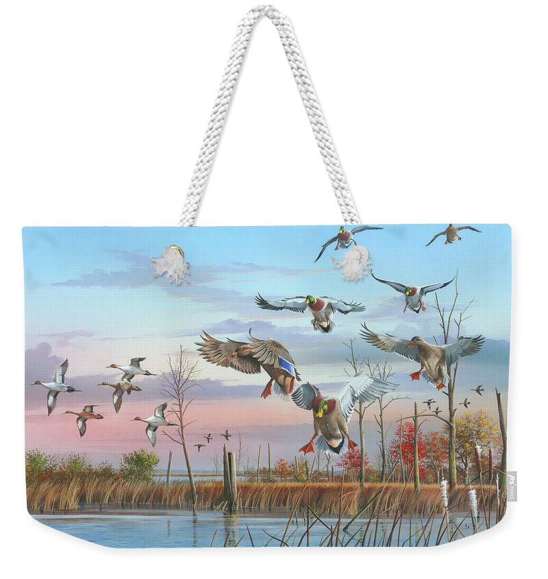 Mallards Weekender Tote Bag featuring the painting A Safe Return by Mike Brown