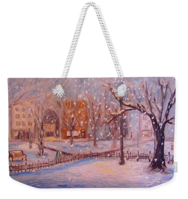 Snow Weekender Tote Bag featuring the painting A short cut through the park by Daniel W Green