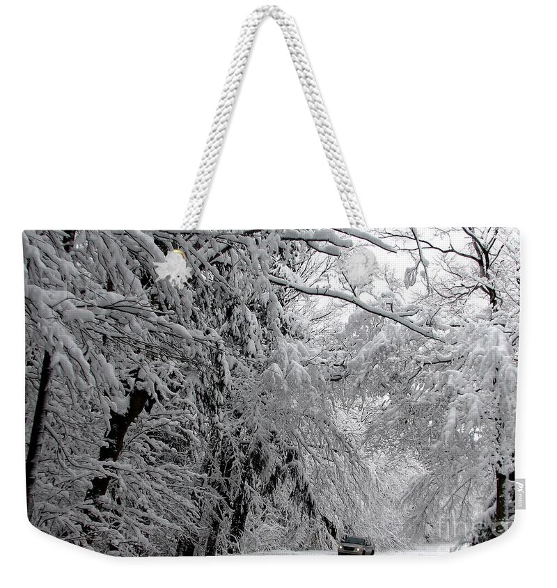 Snow Weekender Tote Bag featuring the photograph A snowy drive through Chestnut Ridge Park by Rose Santuci-Sofranko