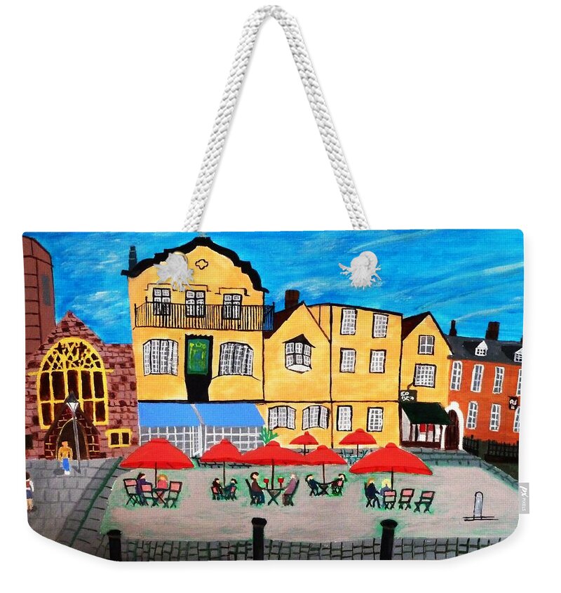 Town Weekender Tote Bag featuring the pyrography A town square on a clear day by Magdalena Frohnsdorff