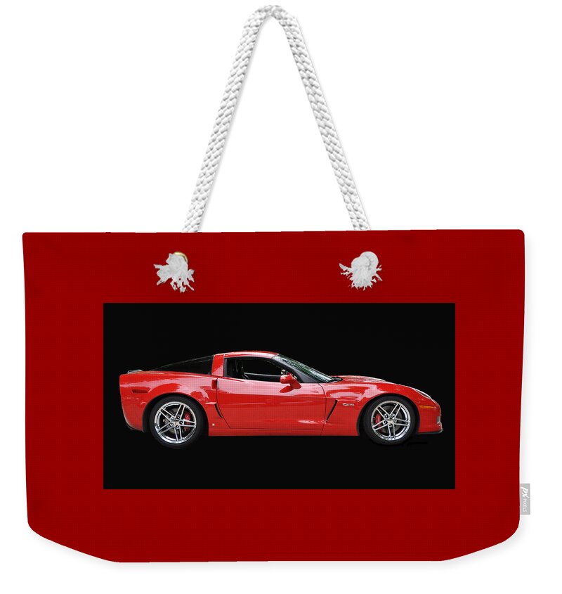 Red Weekender Tote Bag featuring the photograph A Very Red Corvette Z6 by Allen Beatty