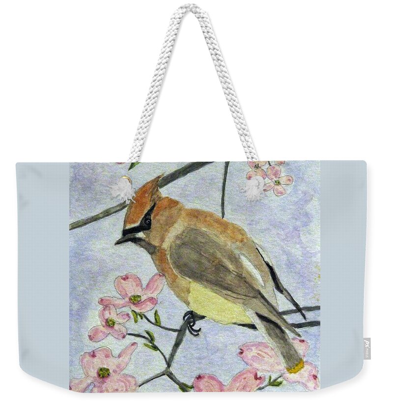Waxwing Paintings Weekender Tote Bag featuring the painting A Waxwing In The Dogwood by Angela Davies