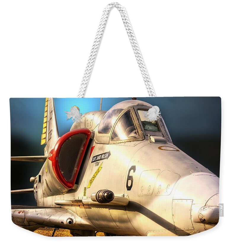 War Planes Weekender Tote Bag featuring the photograph A4 SkyHawk Attack Jet by Thomas Woolworth