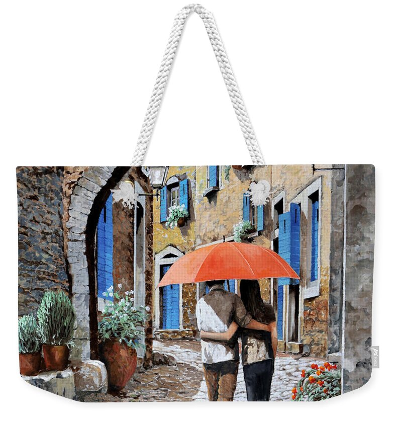 Street Scene Weekender Tote Bag featuring the painting Teneramente Abbracciati Sotto L'ombrello by Guido Borelli