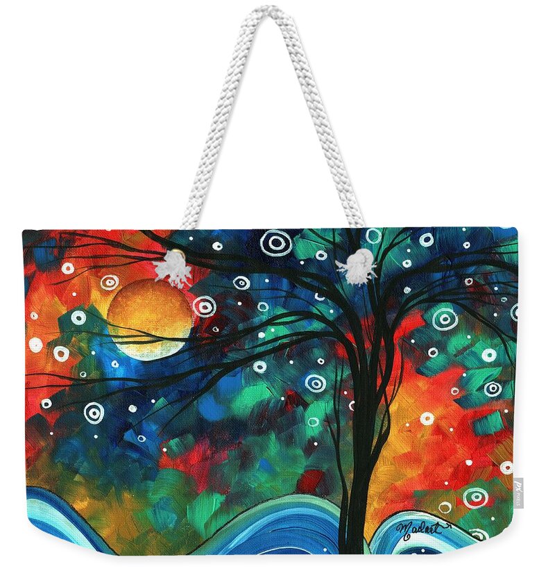 Abstract Weekender Tote Bag featuring the painting Abstract Art Original Landscape Colorful Painting FIRST SNOW FALL by MADART by Megan Aroon