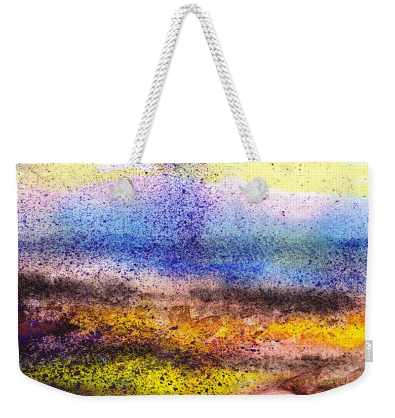 Abstract Weekender Tote Bag featuring the painting Abstract Landscape Purple Sunrise Yellow Fog by Irina Sztukowski