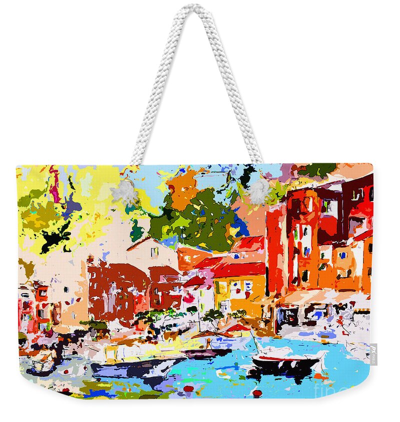 Portofino Weekender Tote Bag featuring the painting Abstract Portofino Italy Decorative Art by Ginette Callaway