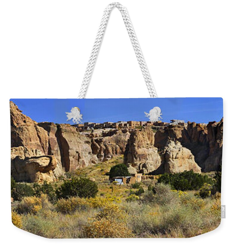 Acoma Pueblo Weekender Tote Bag featuring the photograph Acoma Pueblo Sky City Panoramic by Mike McGlothlen