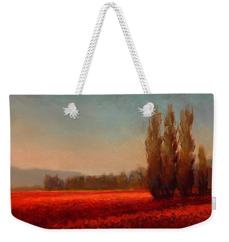 Skagit Weekender Tote Bag featuring the painting Across the Tulip Field - Horizontal Landscape by K Whitworth