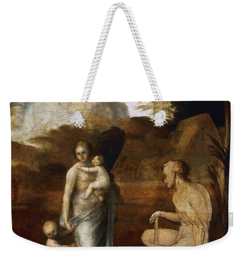 Fra Bartolomeo Weekender Tote Bag featuring the painting Adam and Eve with Cain and Abel by Fra Bartolomeo