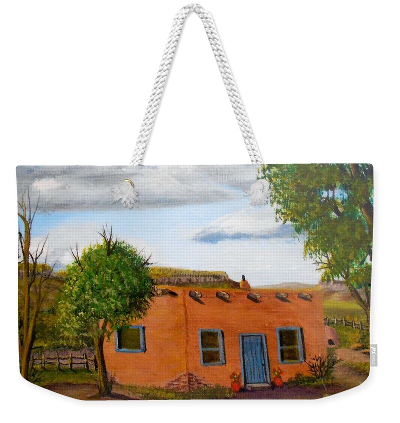 Adobe Weekender Tote Bag featuring the painting Adobe on the Prairie by Sheri Keith