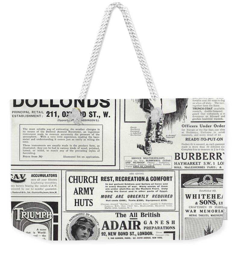 Dollonds; Barometers; Burberry; Coats; Triumph; Motorcycles; Cawarra Australian; Wine; Church Army Huts; Whitehead; Sons; War; Memorials; Adair Ganesh; Preparations; Mothersill's Seasick Remedy; Advertising; Advertisements; Century; Advertising; Spread; The Sphere Weekender Tote Bag featuring the painting Advertising spread from The Sphere by English School