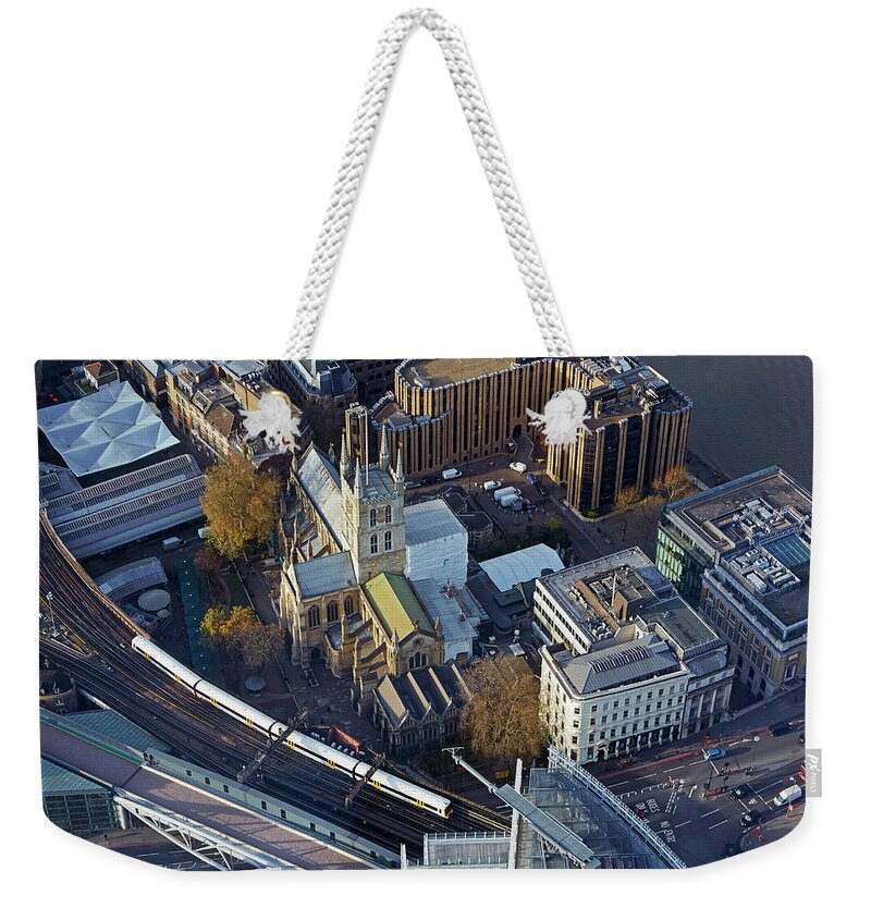 Train Weekender Tote Bag featuring the photograph Aerail View Of Southwark Cathedral by Allan Baxter
