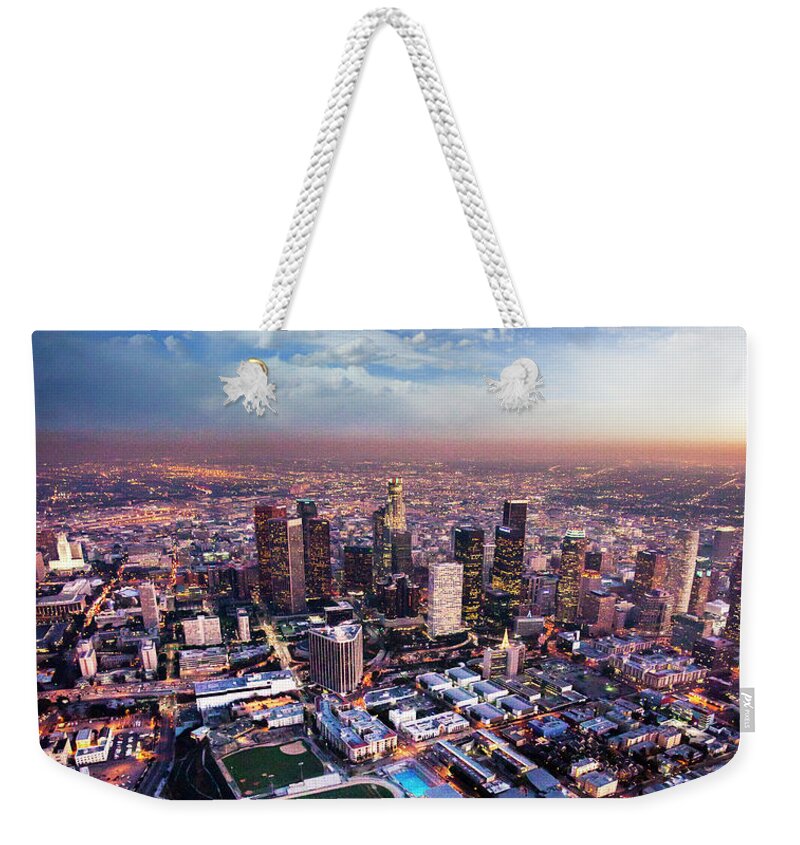 Downtown District Weekender Tote Bag featuring the photograph Aerial Downtown Los Angeles At Night by Adamkaz