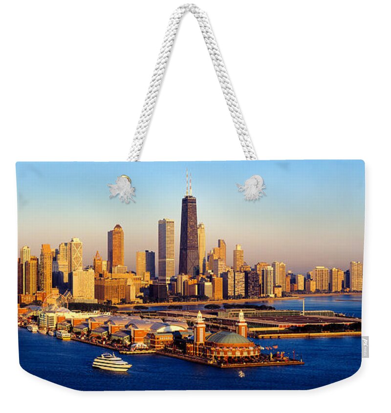 Photography Weekender Tote Bag featuring the photograph Aerial View Of A City, Navy Pier, Lake by Panoramic Images