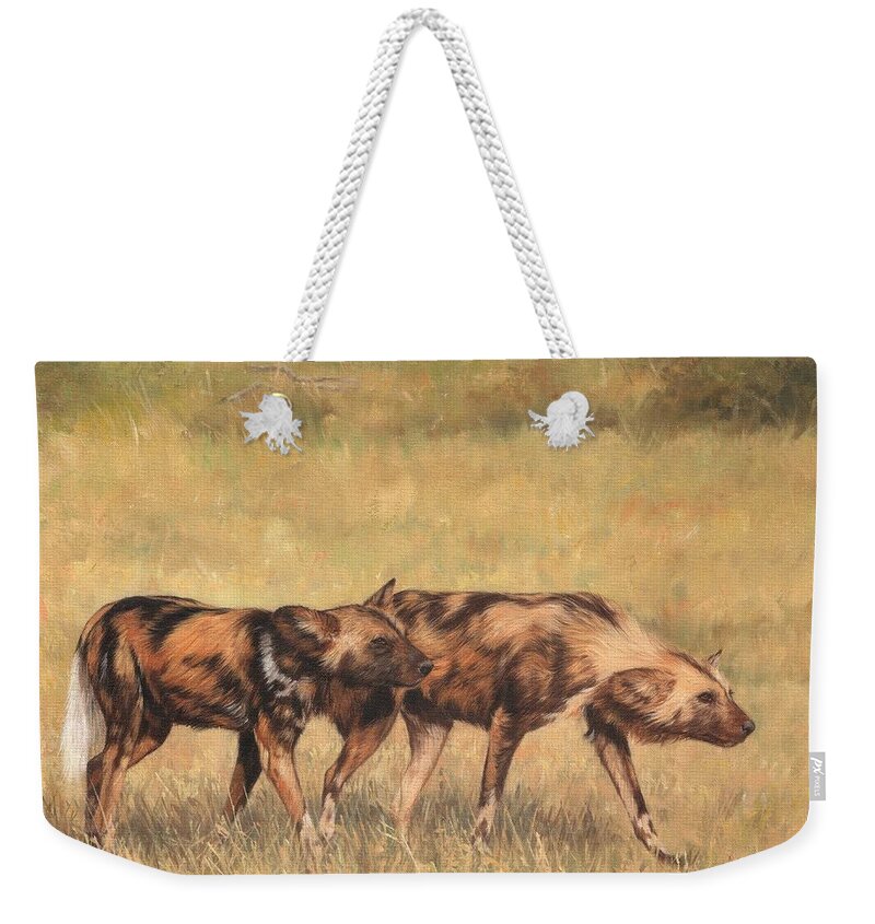 Wild Dog Weekender Tote Bag featuring the painting Africa Wild Dogs by David Stribbling