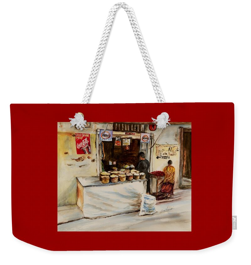 Duka African Store Weekender Tote Bag featuring the painting African Corner Store by Sher Nasser Artist