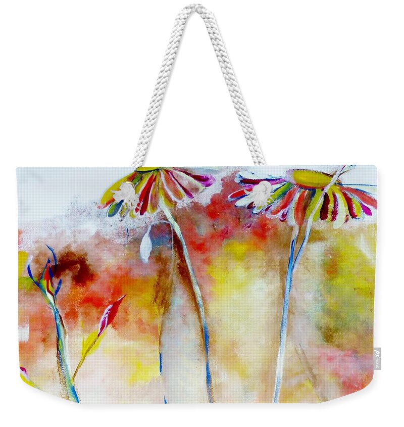 Colorful Weekender Tote Bag featuring the painting African Daisy Abstract by Lisa Kaiser