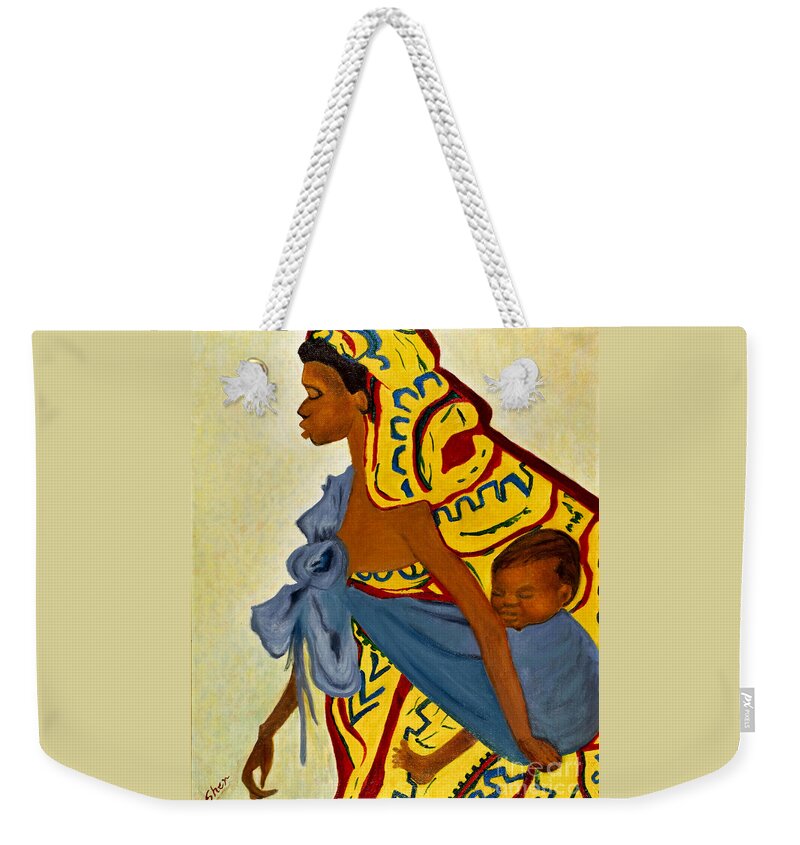 Africa Weekender Tote Bag featuring the painting Mama Toto African Mother and Child by Sher Nasser