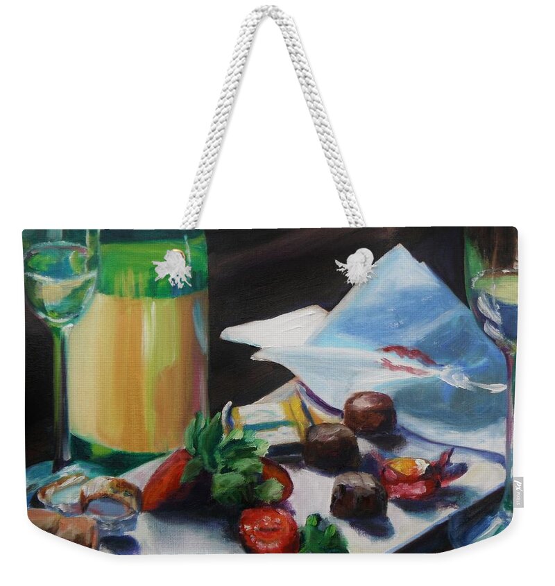 Wine Weekender Tote Bag featuring the painting After the Party by Donna Tuten