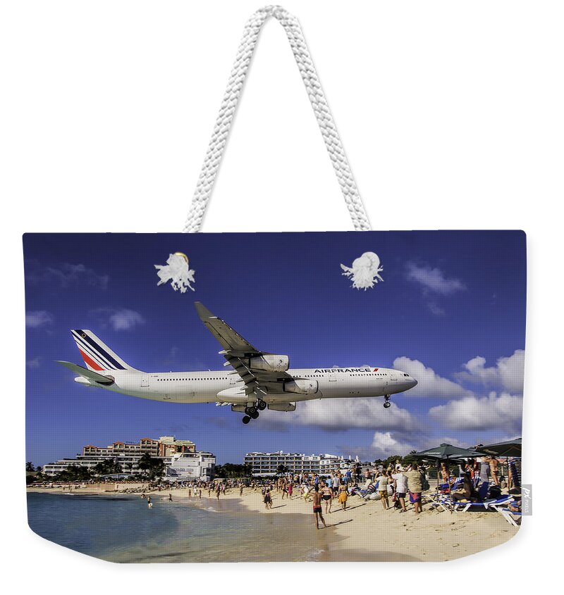 Air France Weekender Tote Bag featuring the photograph Air France St. Maarten landing by David Gleeson