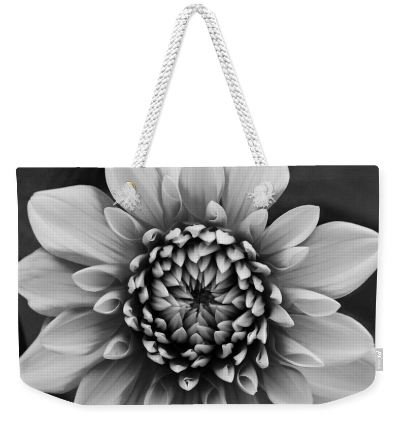 Dahlia Weekender Tote Bag featuring the photograph Ala Mode Dahlia In Black and White by Jeanette C Landstrom