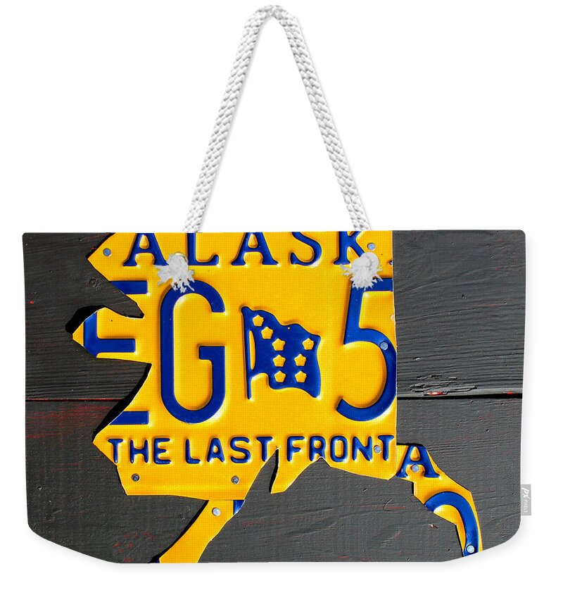 Alaska Weekender Tote Bag featuring the mixed media Alaska License Plate Map Artwork by Design Turnpike