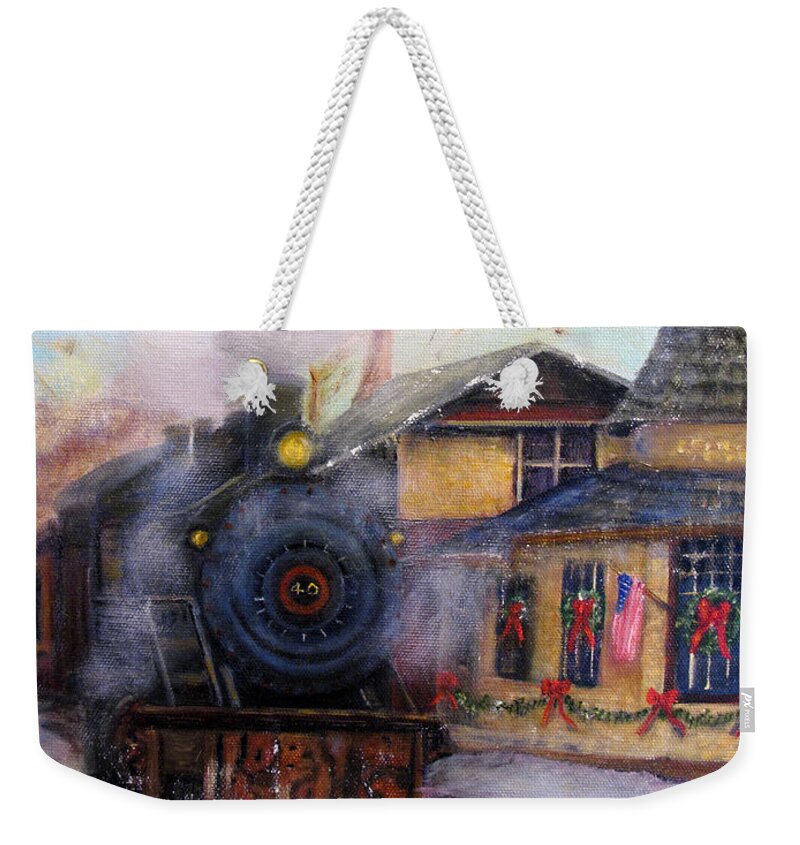 Bucks County Weekender Tote Bag featuring the painting All Aboard at the New Hope Train Station by Loretta Luglio