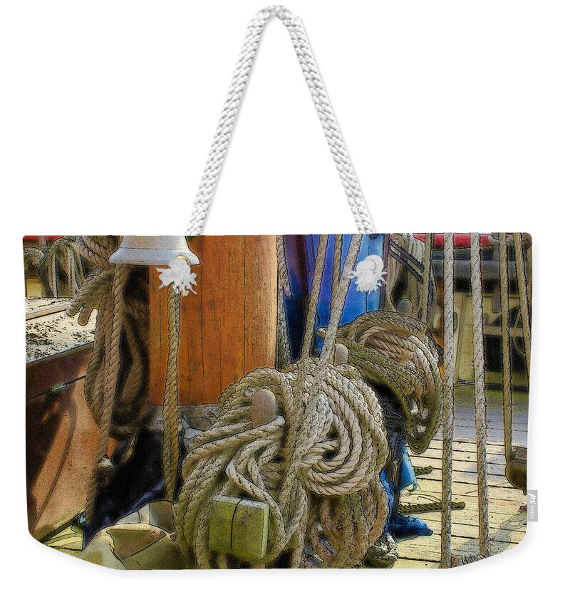 Boat Weekender Tote Bag featuring the digital art All tied up by Ron Harpham