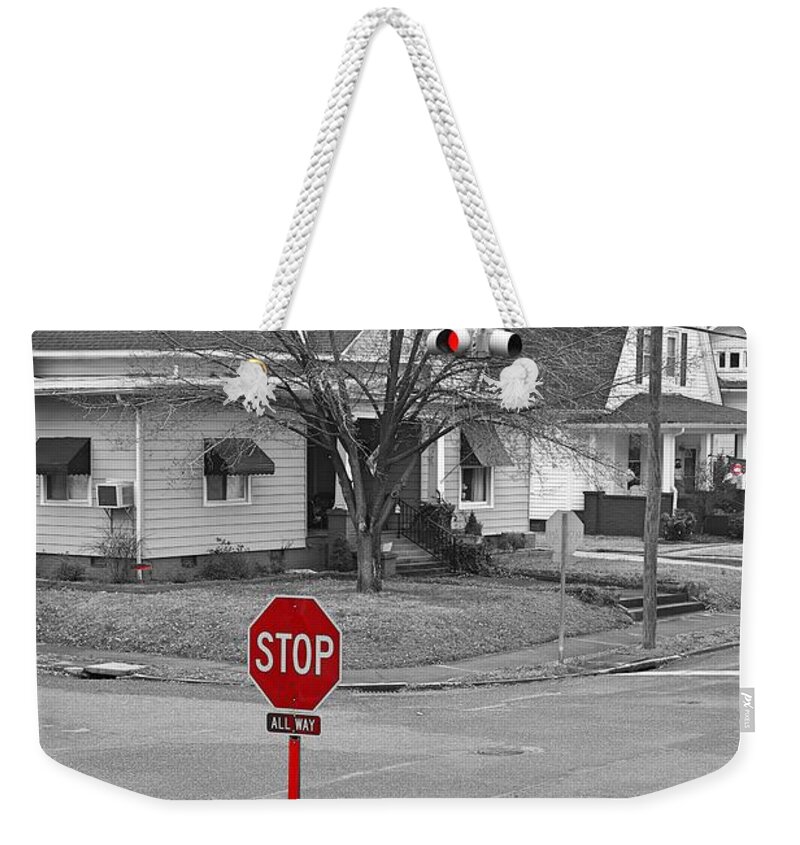 Stop Sign Weekender Tote Bag featuring the photograph All Way Stop by Rodney Lee Williams