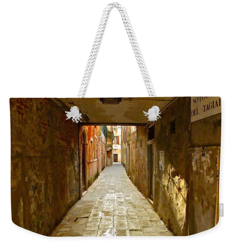 Venice Italy Alley Alleyway Sunlight Soft Sun Rainbow Peace Solitude Walking Sunray Italian Sign Stone Wall Square Rectangle Spiral Weekender Tote Bag featuring the photograph Alley in a Box by Lexi Heft