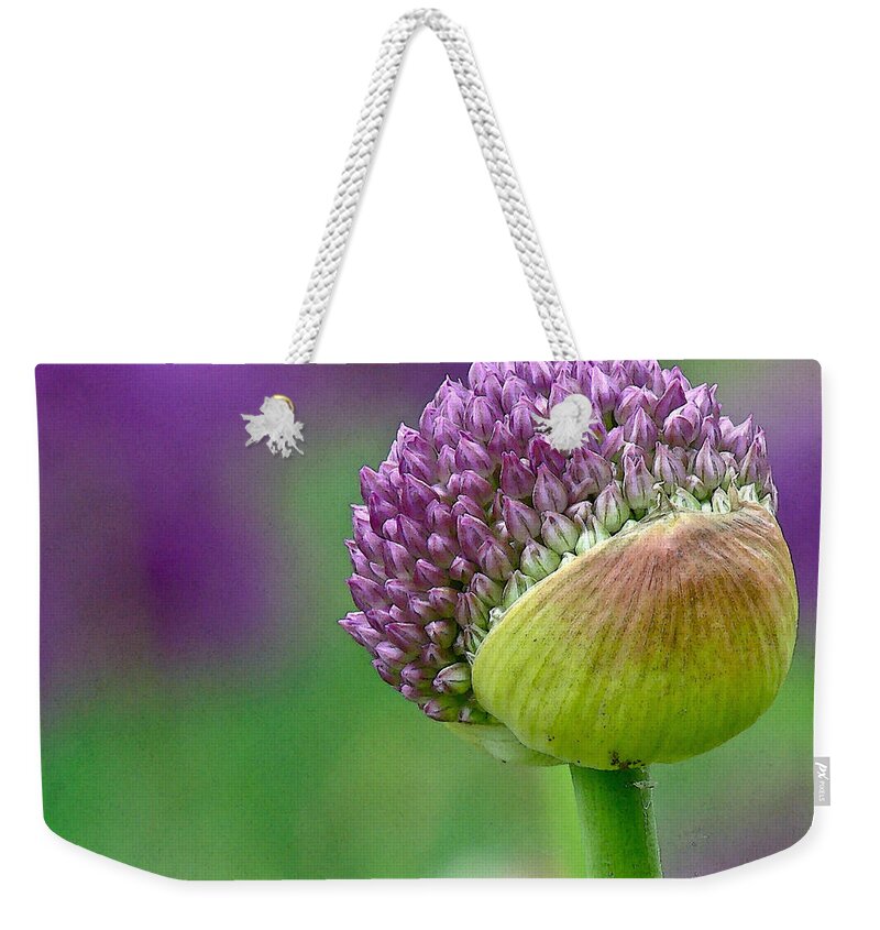 Allium Weekender Tote Bag featuring the digital art Allium Blooming by Gary Olsen-Hasek