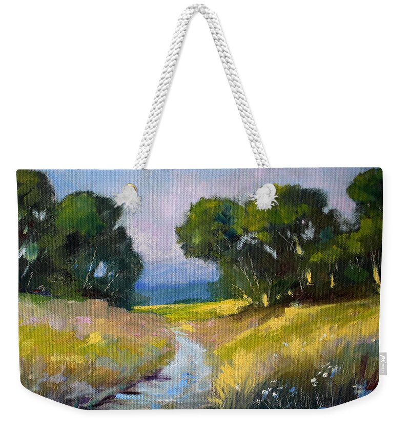 Oregon Weekender Tote Bag featuring the painting Along a Country Road by Nancy Merkle