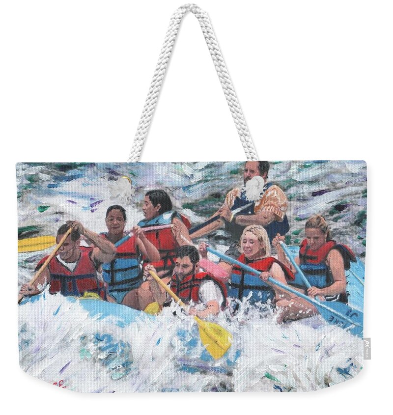 Whitewater Rafting Weekender Tote Bag featuring the painting Along the Kennebec by Cliff Wilson