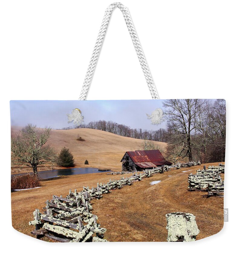 Barn Weekender Tote Bag featuring the photograph Along the Locust Rails by Jennifer Robin