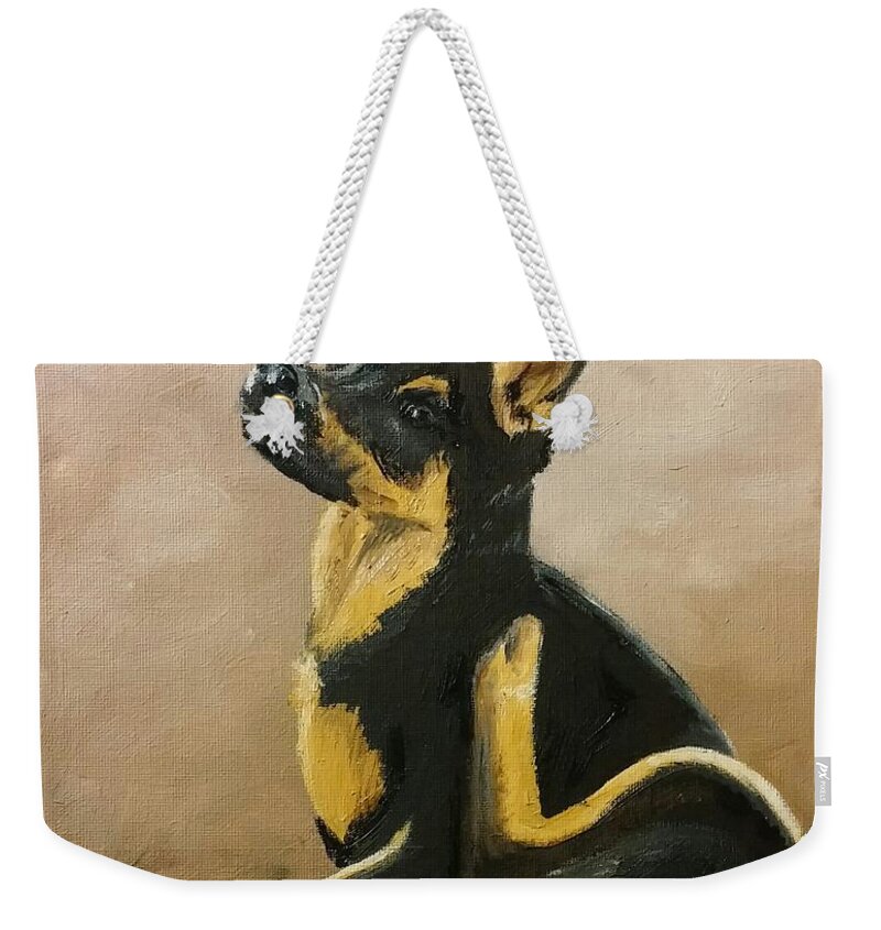 Alsatian Weekender Tote Bag featuring the painting Alsatian Puppy Scratching by Abbie Shores