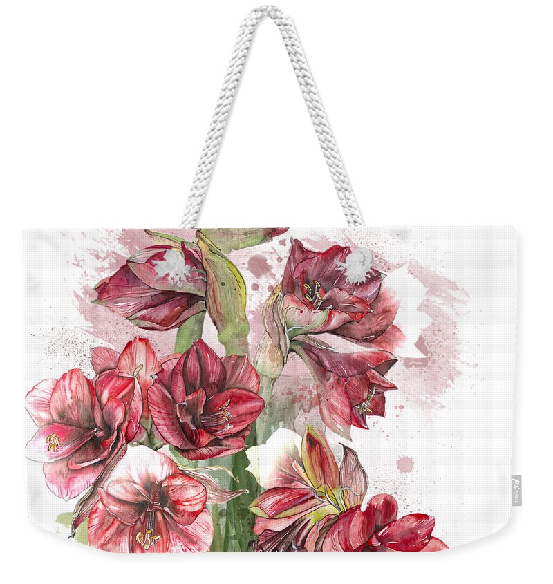 Amaryllis Weekender Tote Bag featuring the painting Amaryllis Flowers - 4. - Elena Yakubovich by Elena Daniel Yakubovich