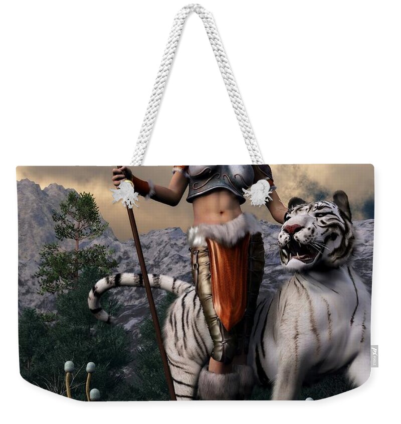 Warrior Girl Weekender Tote Bag featuring the digital art Amazon and White Tiger by Kaylee Mason