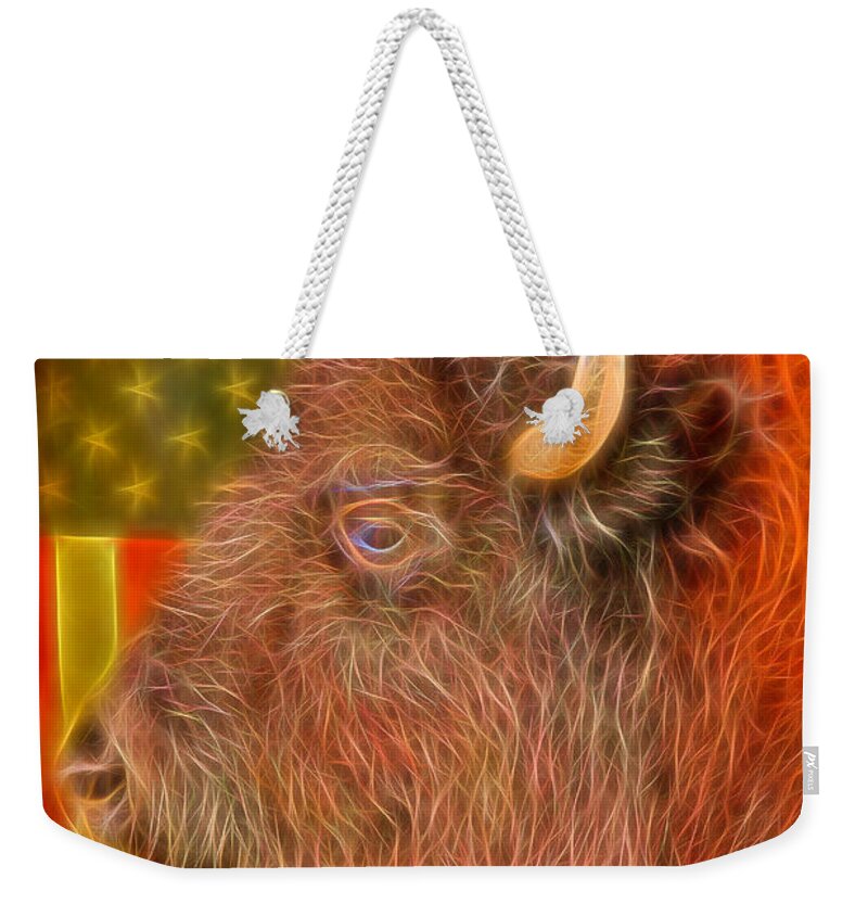 Bison Weekender Tote Bag featuring the photograph American Bison Headshot Flag Glow by James BO Insogna