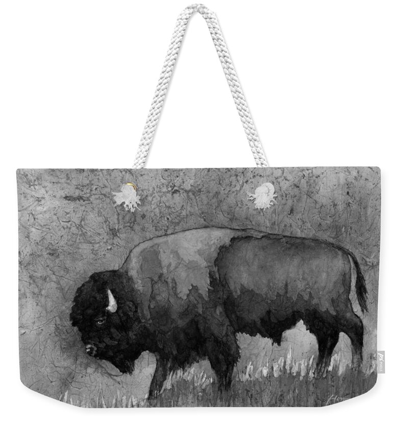 Bison Weekender Tote Bag featuring the painting American Buffalo 3 in Black and White by Hailey E Herrera